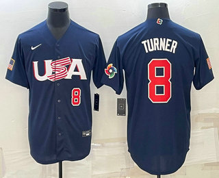 Men%27s USA Baseball #8 Trea Turner Number 2023 Navy World Baseball Classic Stitched Jerseys